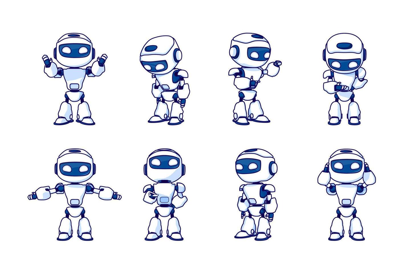 Robot character set for the animation with various poses. Vector illustration.