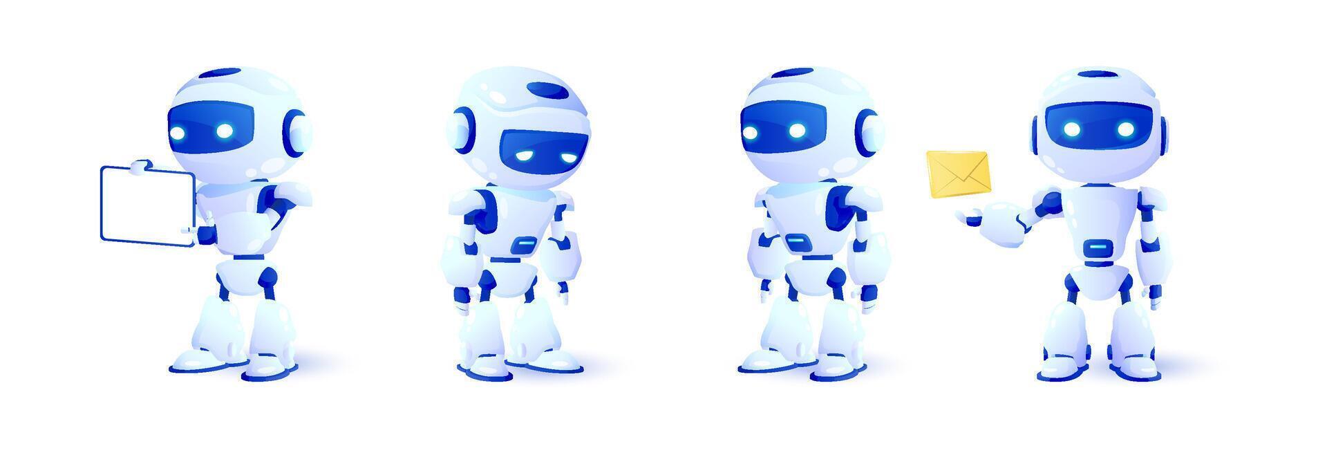 Set of 3d robots in different views. Online communication with artificial intelligence chat bot. Modern technology. Online consultation. vector