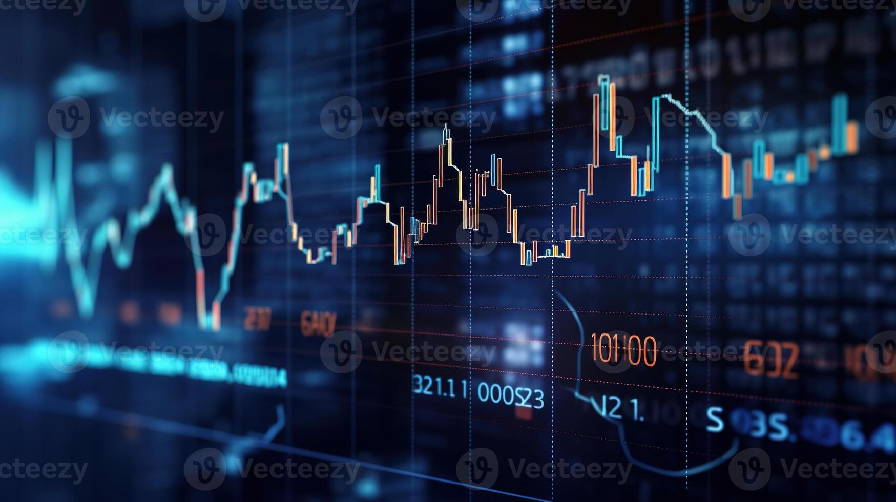 AI generated financial stock market graph on technology abstract background. Finance and investment concept photo