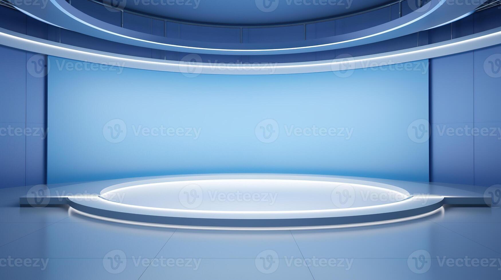 AI generated 3d rendering of a blue empty room with a round podium in the middle photo