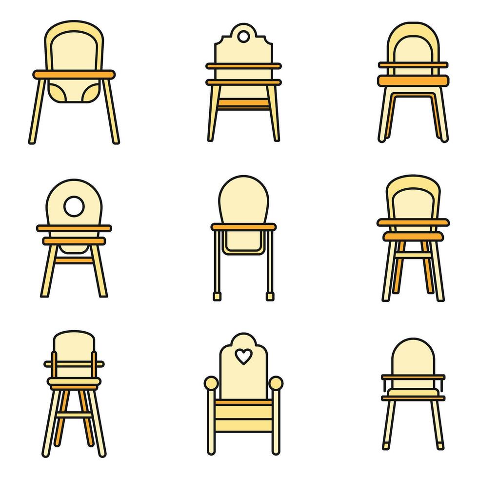 Dinner feeding chair icons set vector color line
