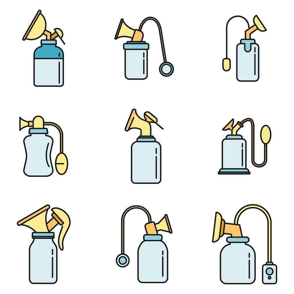 Modern breast pump icons set vector color line