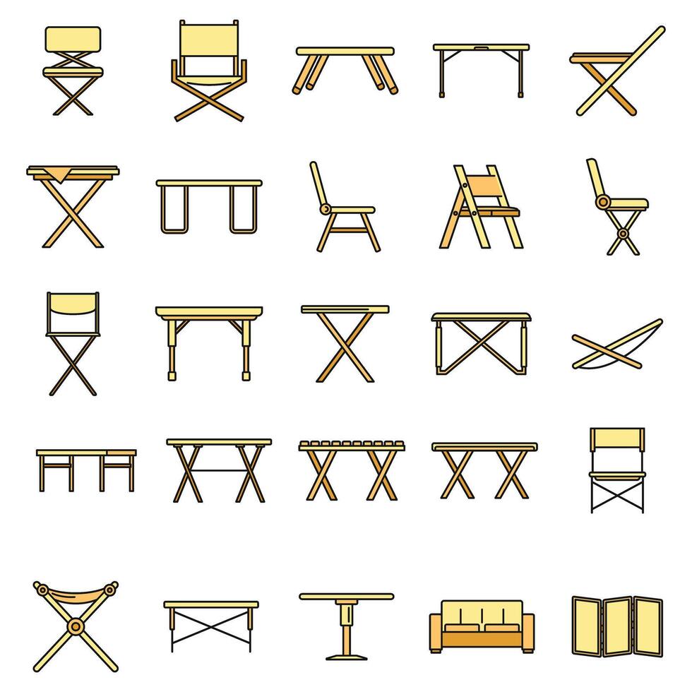 Picnic folding furniture icons set vector color line