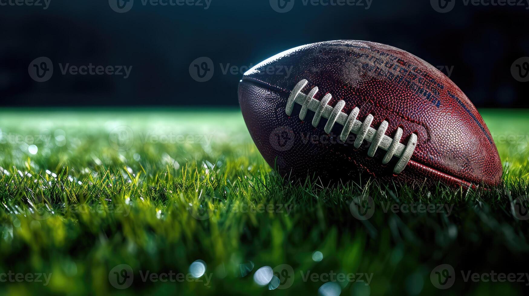 AI generated American football on green grass, on dark background. Team sport concept photo