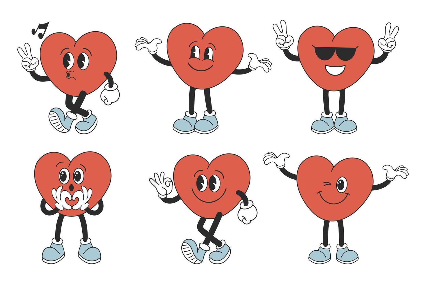 Set of hearts of funny cartoon characters in different poses. Cartoon heart mascots. Fashionable emoticons in retro style. Vector