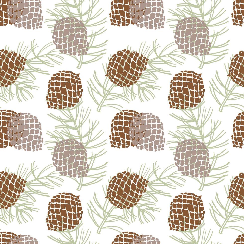 Seamless pattern, contour cedar cones and coniferous branches on a white background. Background, textile, vector