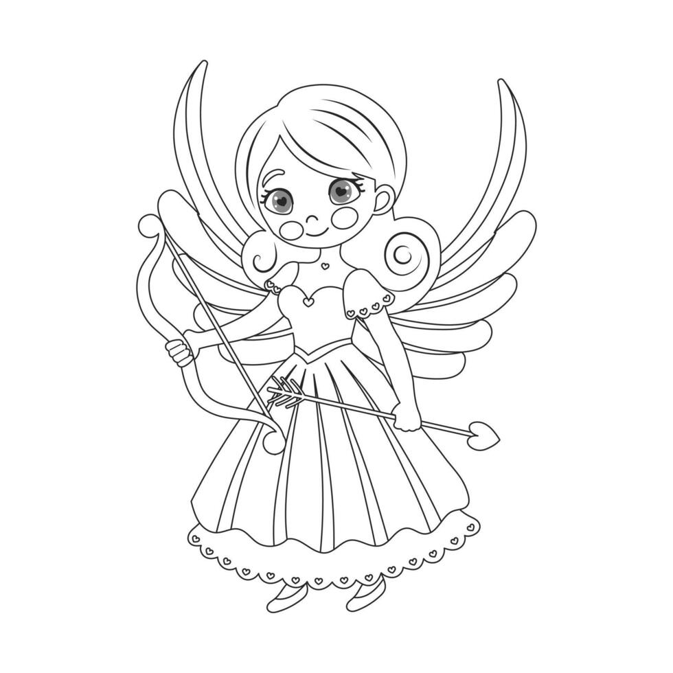 Cute cupid girl with bow and arrow, angel girl, cherub princess. Linear drawing for coloring book, sketch. Vector