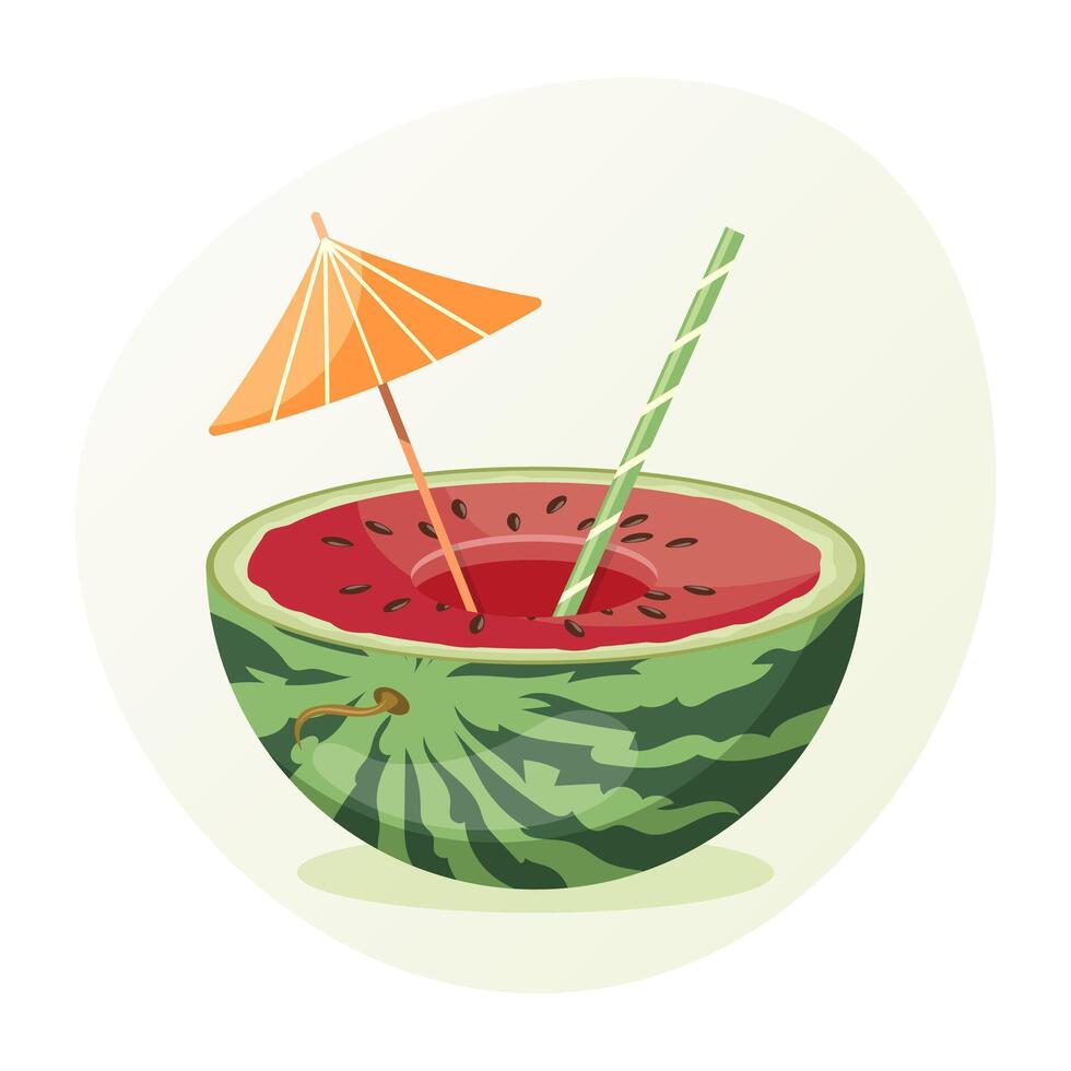 Summer refreshing fruit cocktail in a watermelon with a cocktail umbrella and a straw. Illustration, postcard, vector