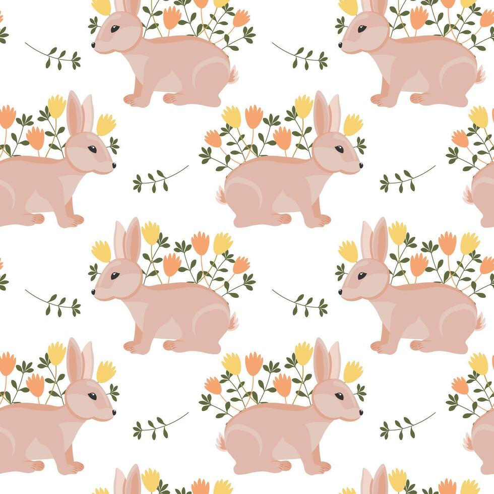Seamless pattern, cute Easter bunnies and spring flowers on a white background. Holiday print, illustration, background, vector