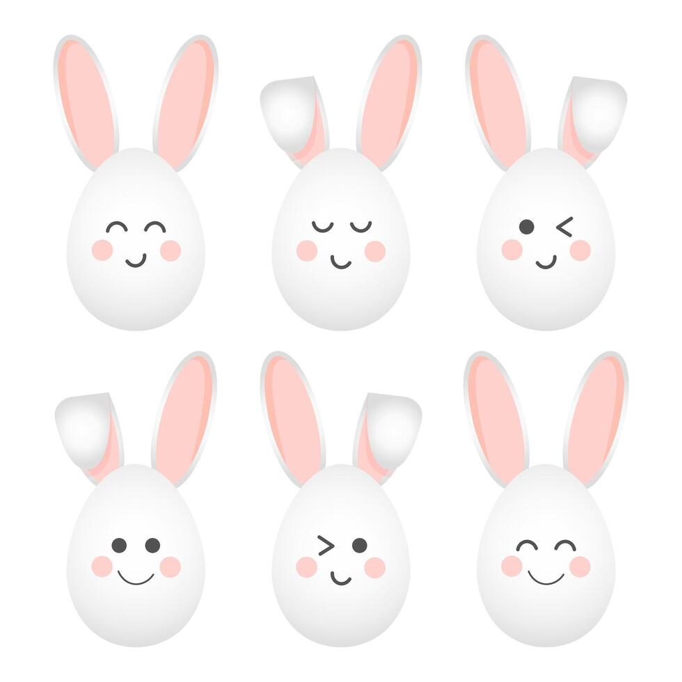 Set of Easter Bunny faces with different emotions. Holiday icons, stickers, decor elements, vector