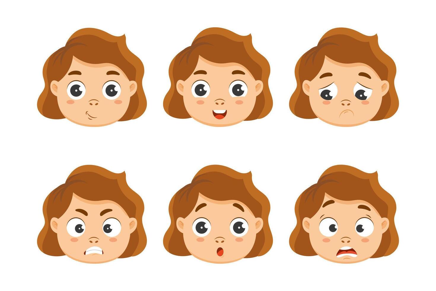 Set of portraits of cute faces of girls with different emotions. Illustration, cartoon style, vector