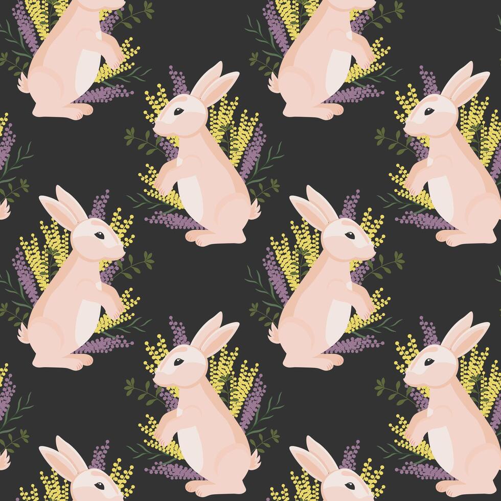 Seamless pattern, cute Easter bunnies and spring flowers on a dark background. Holiday print, illustration, background, vector