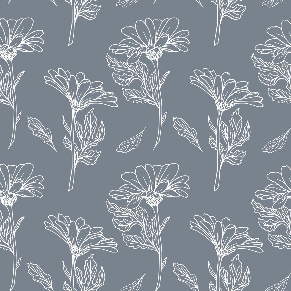 Seamless pattern, hand drawn outline echinacea flowers on a gray background. Background, print, textile, wallpaper, vector