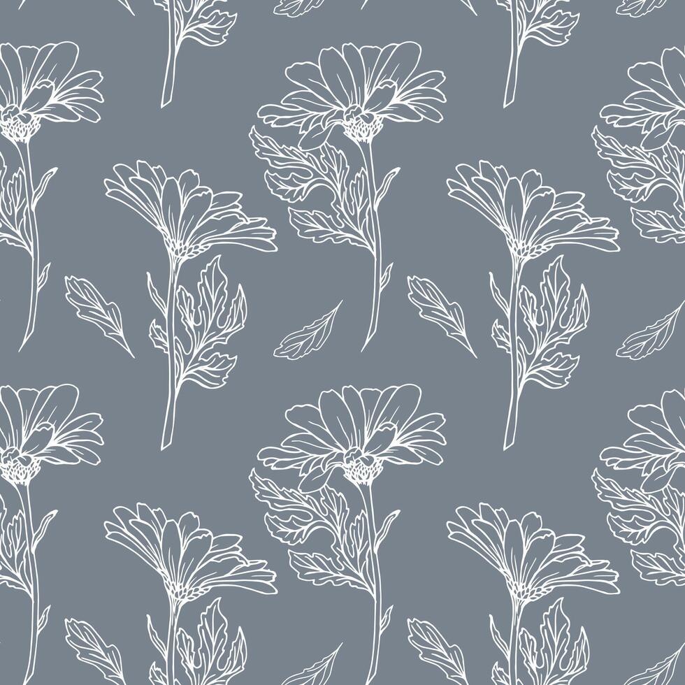 Seamless pattern, hand drawn outline echinacea flowers on a gray background. Background, print, textile, wallpaper, vector