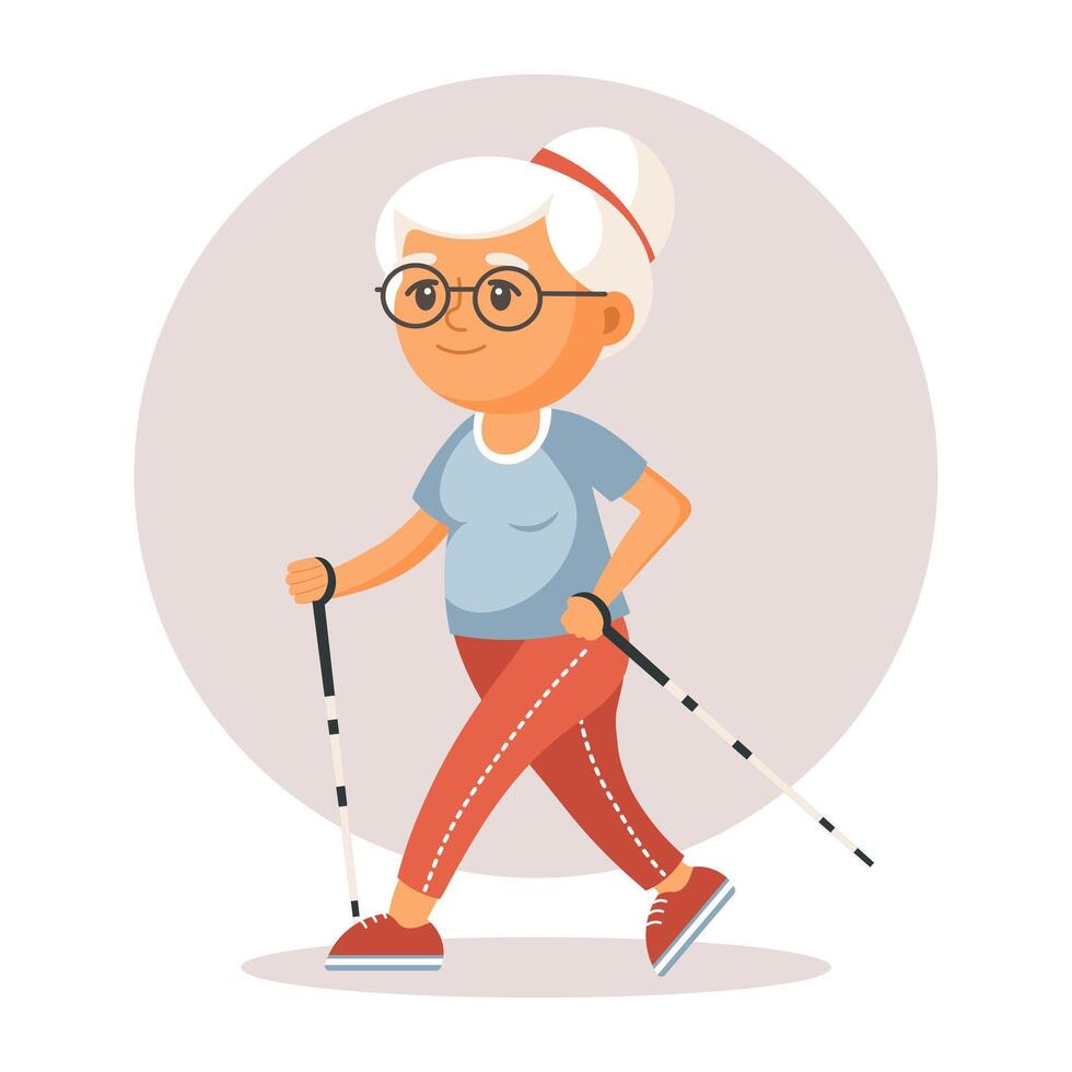 contento antiguo dama abuela haciendo Deportes, yoga, caminando. mayor personas haciendo ejercicio plano ilustración en dibujos animados estilo, vector