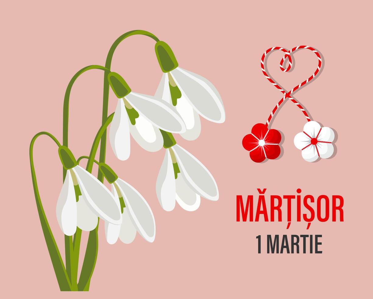 Martisor, Moldovan and Romanian traditional spring holiday. Bouquet of white snowdrops. Floral spring background, postcard, vector