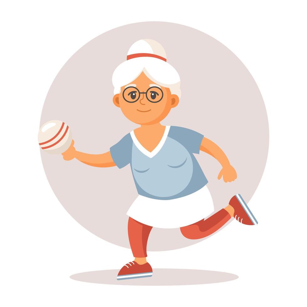 contento antiguo dama abuela haciendo Deportes, yoga, caminando. mayor personas haciendo ejercicio plano ilustración en dibujos animados estilo, vector