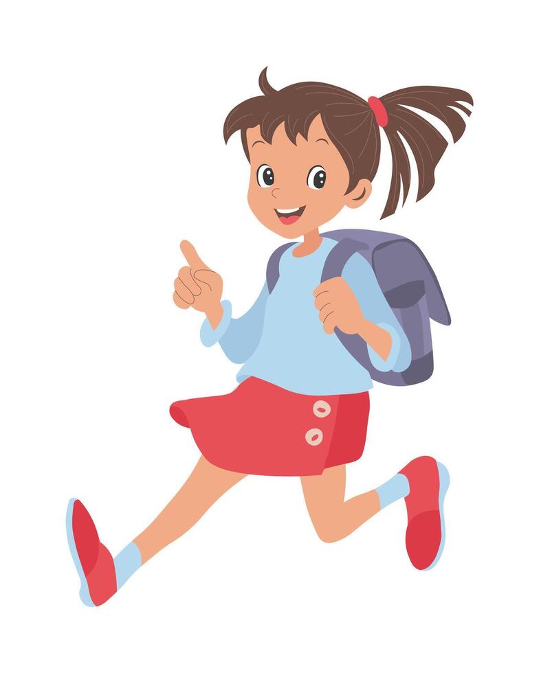 linda pequeño niña con un colegio bolsa. ilustración, dibujos animados estilo, vector