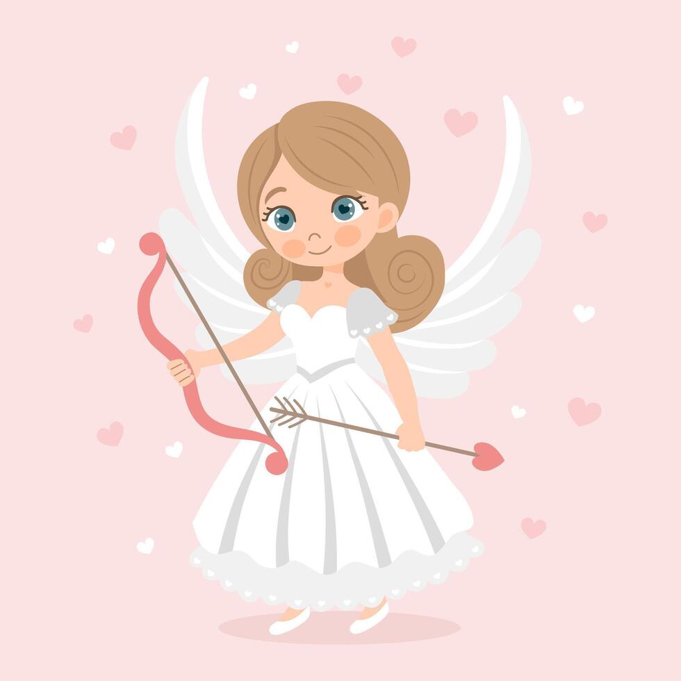 linda Cupido niña con arco y flecha, ángel chica, querubín. San Valentín día tarjeta, pastel colores. vector ilustración en plano dibujos animados estilo