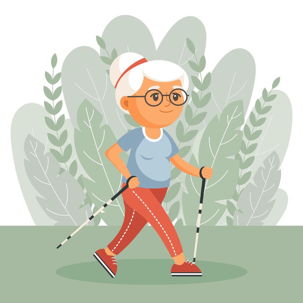 Happy old woman grandmother goes in for sports, yoga, walks. An elderly woman is exercising. Flat illustration in cartoon style, vector