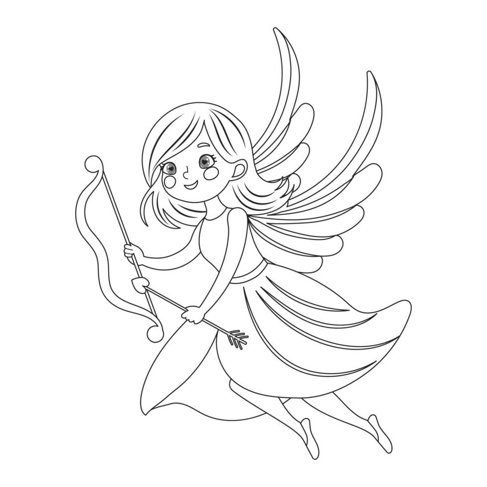 Cute cupid girl with bow and arrow, angel girl, cherub princess. Linear drawing for coloring book, sketch. Vector