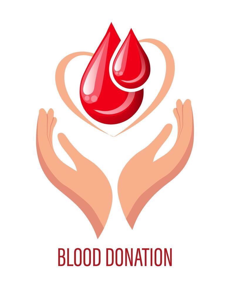 World Donor Day, heart and drops of blood in hands. Medicine concept. Banner, poster, vector