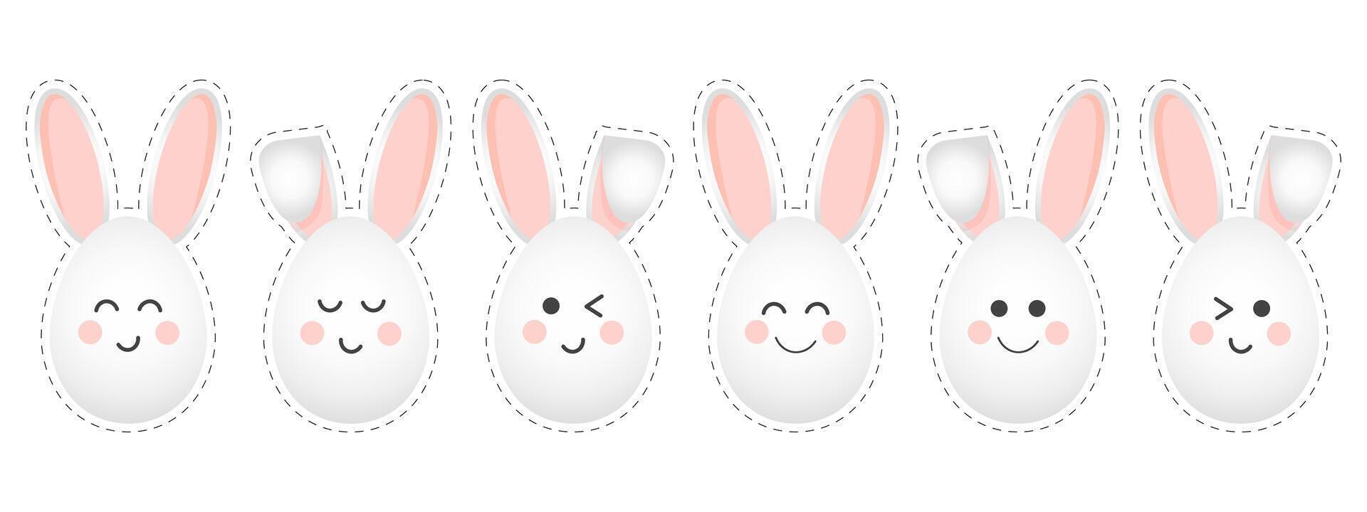 Set of Easter Bunny faces with different emotions. Holiday icons, stickers, decor elements, vector