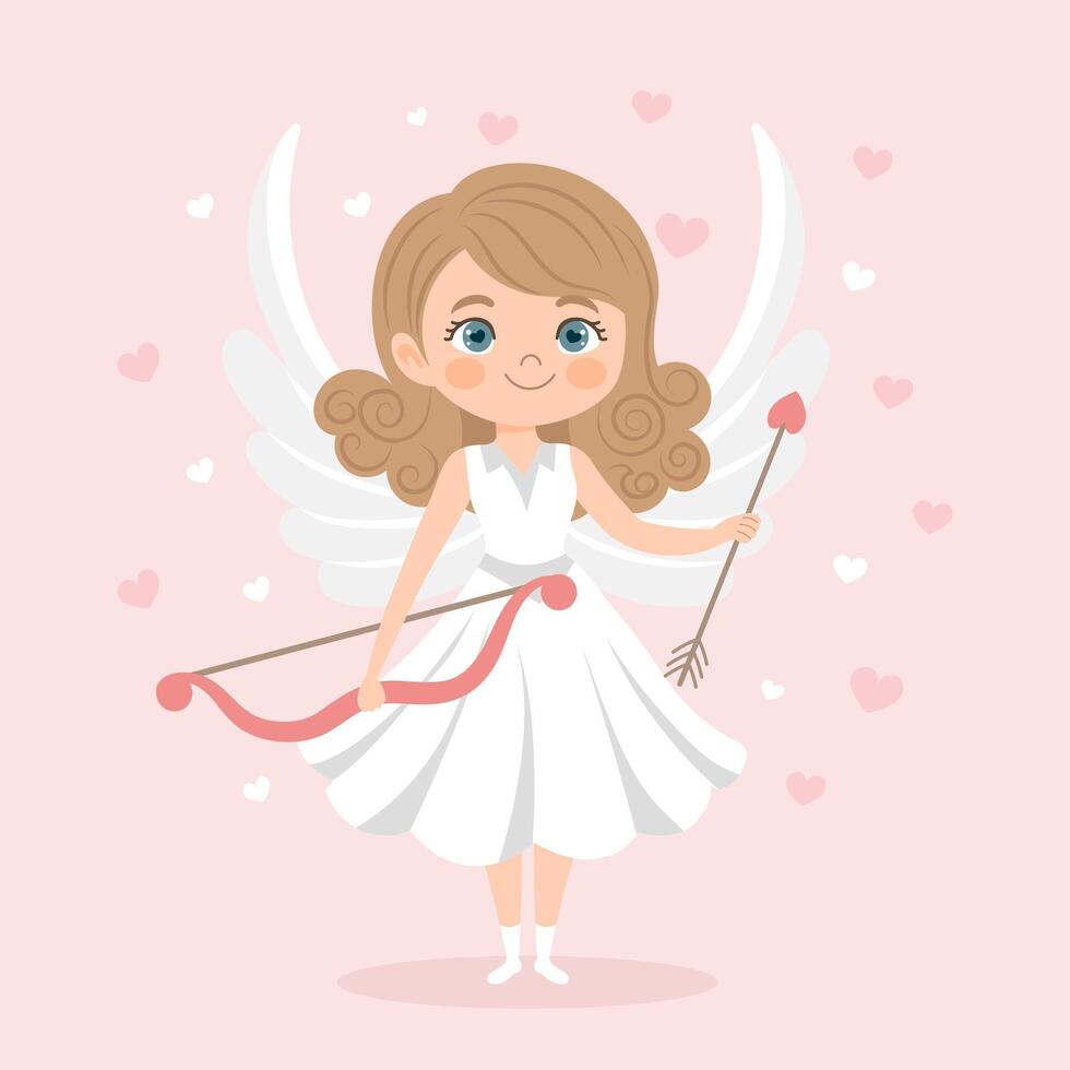 linda Cupido niña con arco y flecha, ángel chica, querubín. San Valentín día tarjeta, pastel colores. vector ilustración en plano dibujos animados estilo