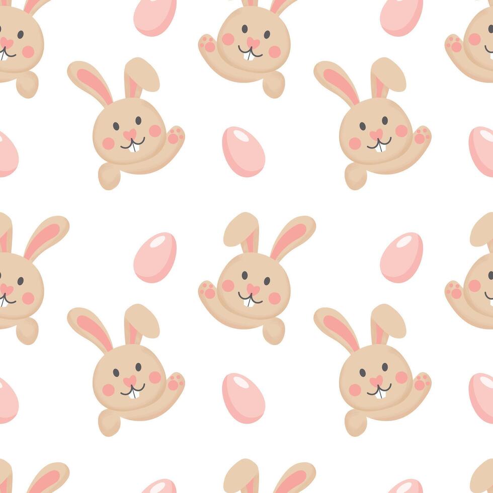 Seamless pattern, funny faces of Easter bunnies and eggs on a white background. Festive background, print, textile, vector