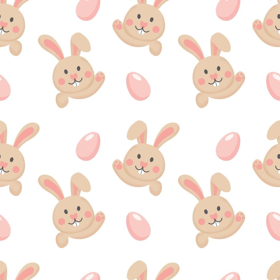 Seamless pattern, funny faces of Easter bunnies and eggs on a white background. Festive background, print, textile, vector