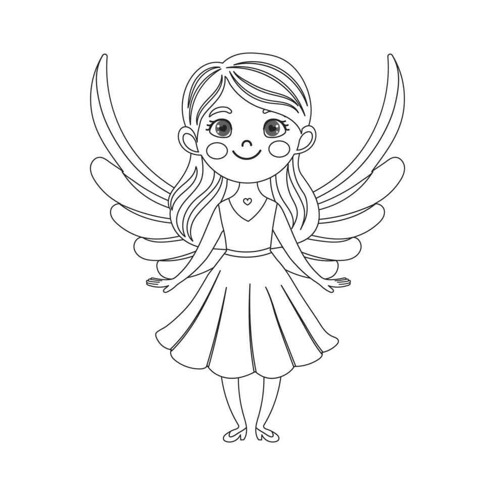 Cute cupid girl with bow and arrow, angel girl, cherub princess. Linear drawing for coloring book, sketch. Vector