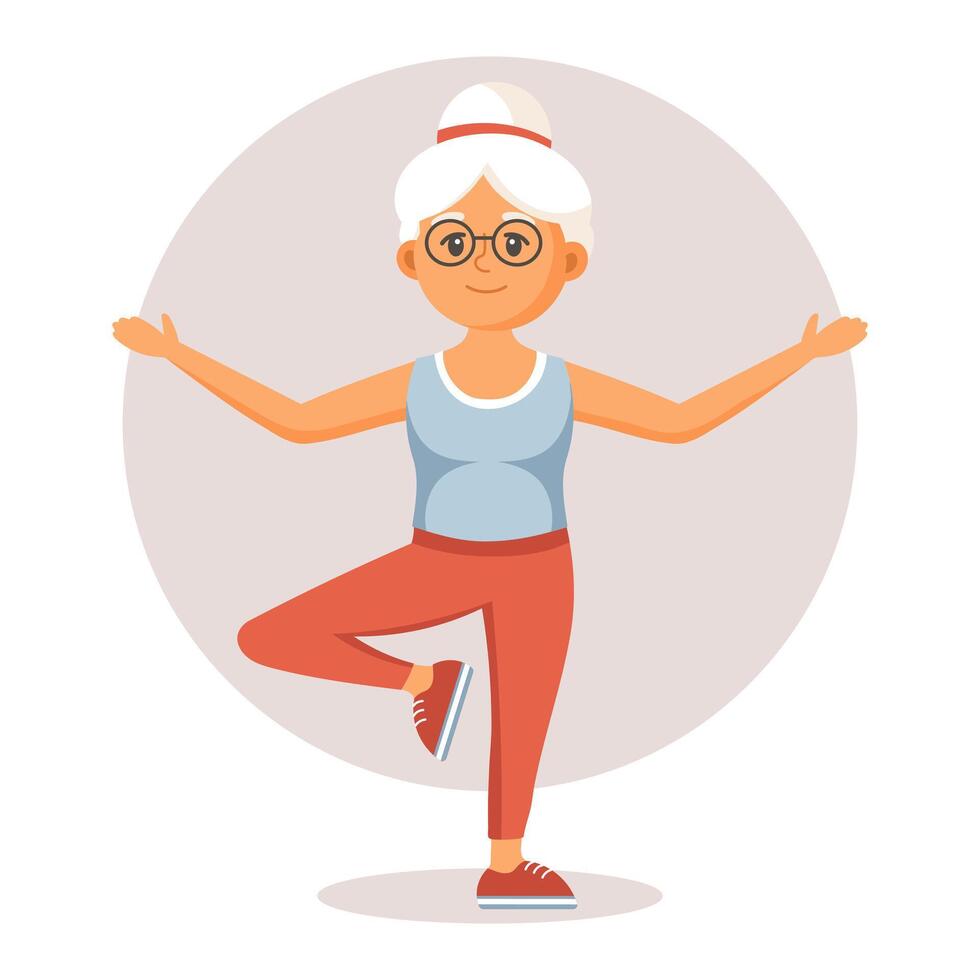 contento antiguo dama abuela haciendo Deportes, yoga, caminando. mayor personas haciendo ejercicio plano ilustración en dibujos animados estilo, vector