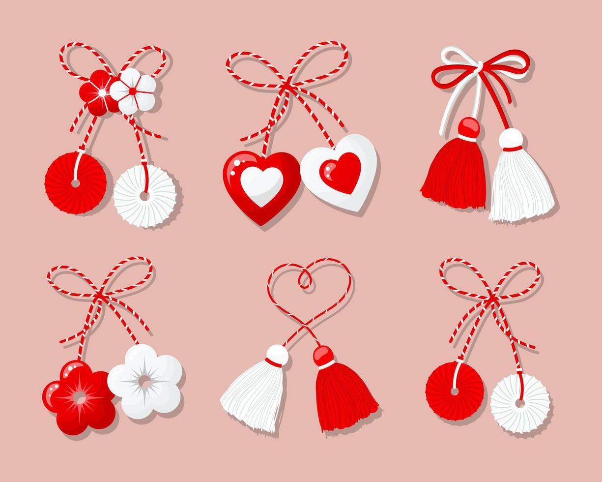 Martisor set, red and white symbol of spring. Traditional spring holiday in Romania and Moldova. Symbols, talismans, icons, vector