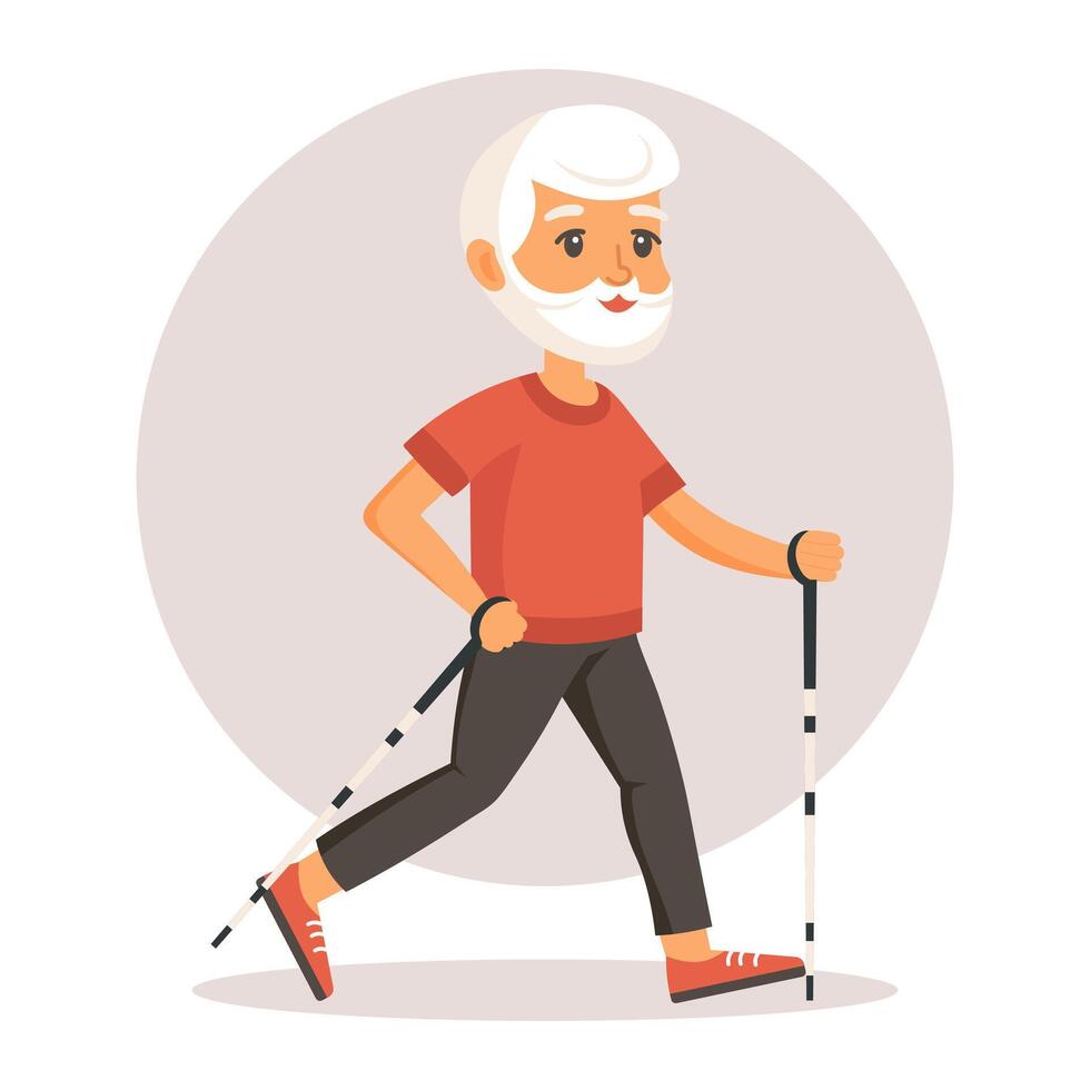 Happy old grandfather goes in for sports, yoga, walks. Elderly people exercising. Flat illustration in cartoon style, vector