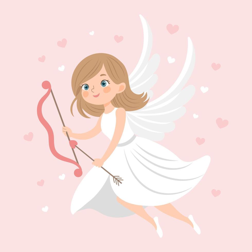Cute cupid girl with bow and arrow, angel girl, cherub. Valentine's Day card, pastel colors. Vector illustration in flat cartoon style
