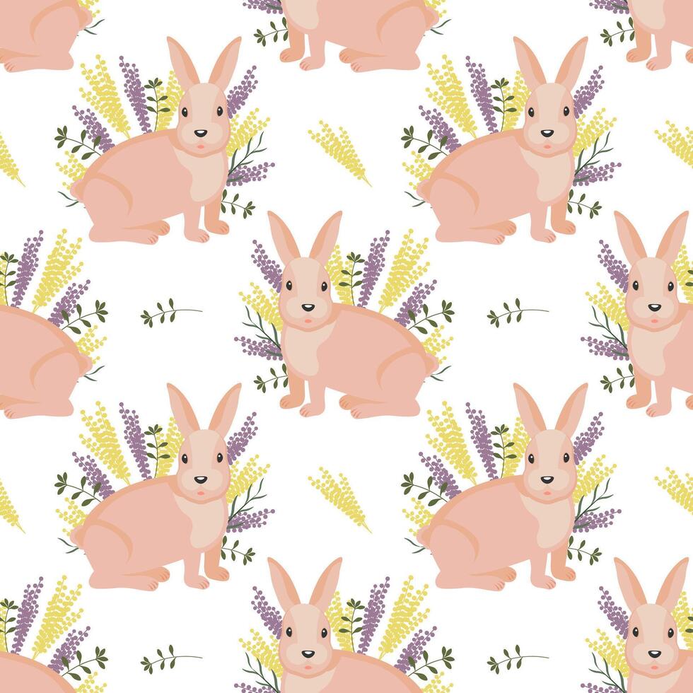 Seamless pattern, cute Easter bunnies and spring flowers on a white background. Holiday print, illustration, background, vector