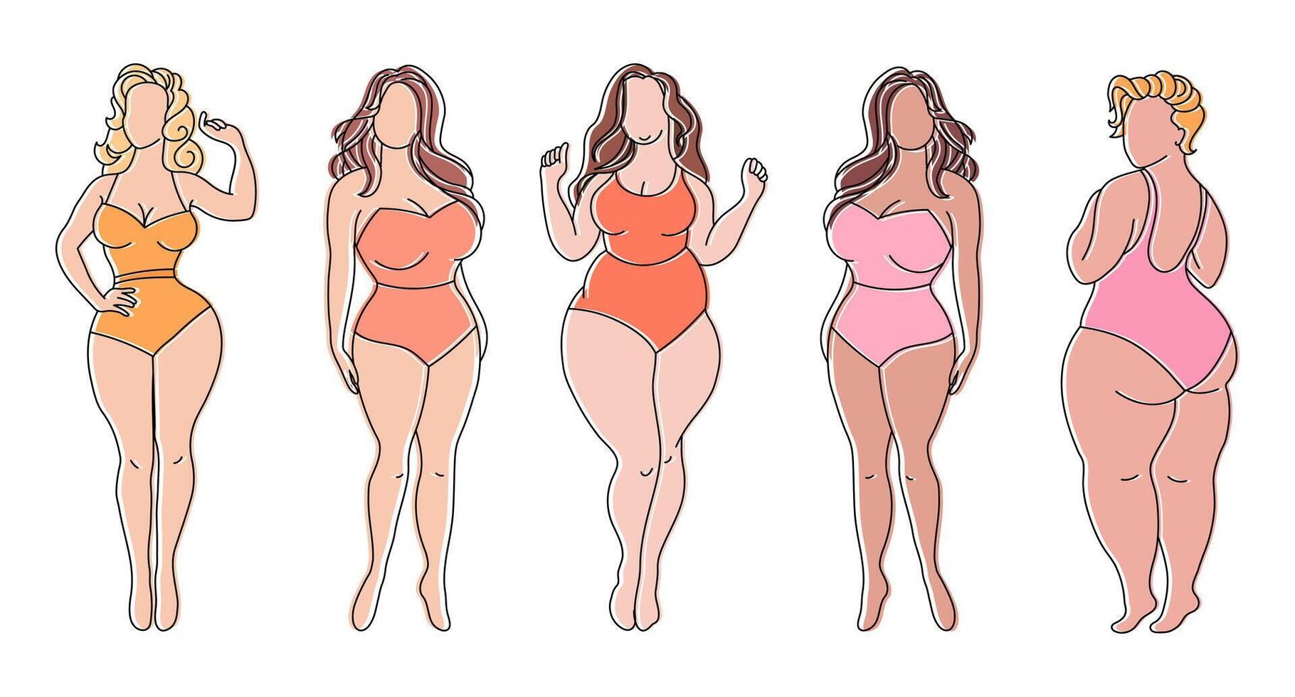 conjunto de siluetas de mujer con diferente cifras. cuerpo positividad concepto. imprimir, ilustración, vector