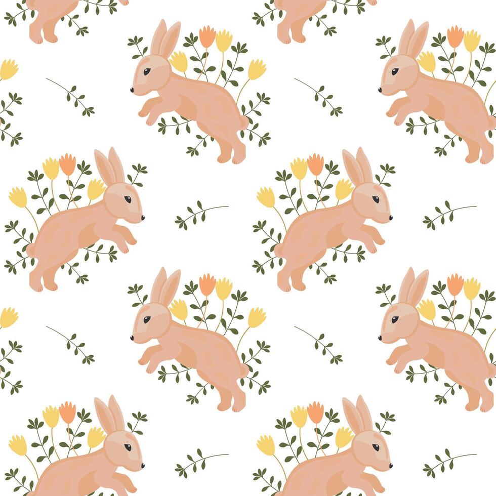 Seamless pattern, cute Easter bunnies and spring flowers on a white background. Holiday print, illustration, background, vector