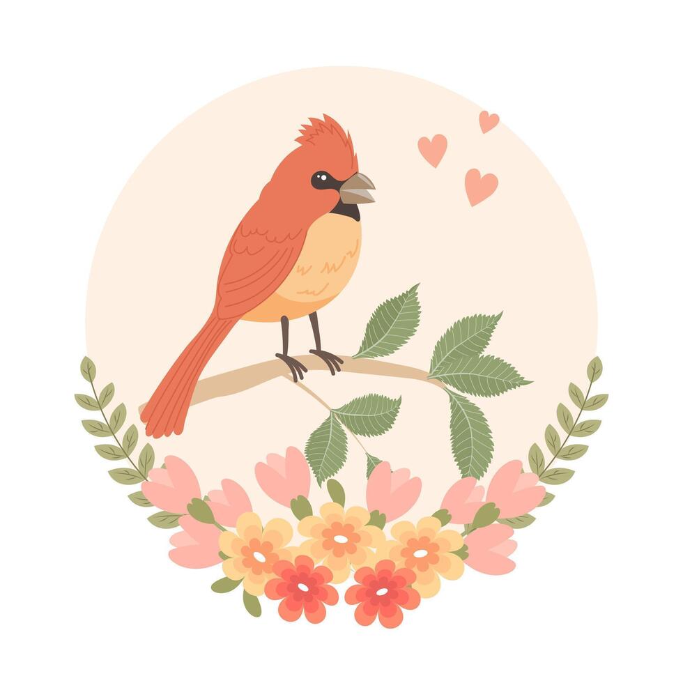Cute cartoon birds on a branch in a flower frame. Greeting card design, spring illustration. Vector