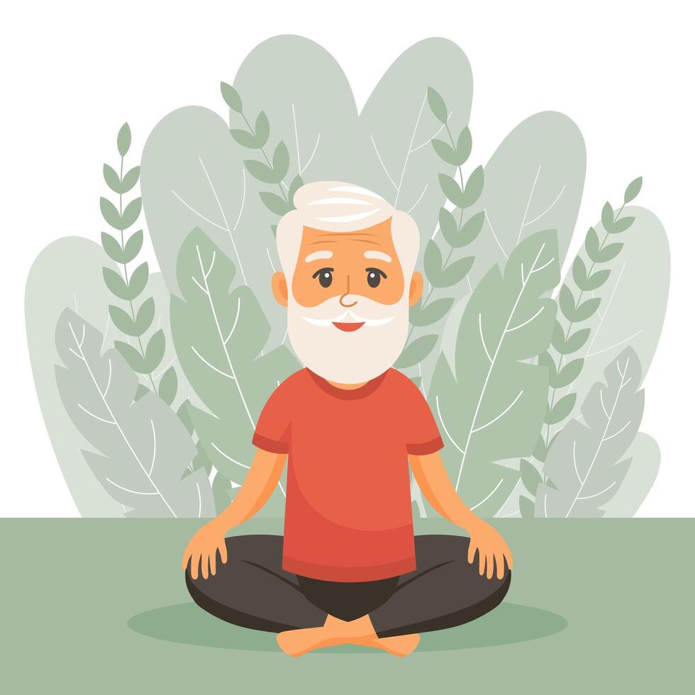 Happy old man grandfather goes in for sports, yoga, walks. An elderly man is exercising. Flat illustration in cartoon style, vector