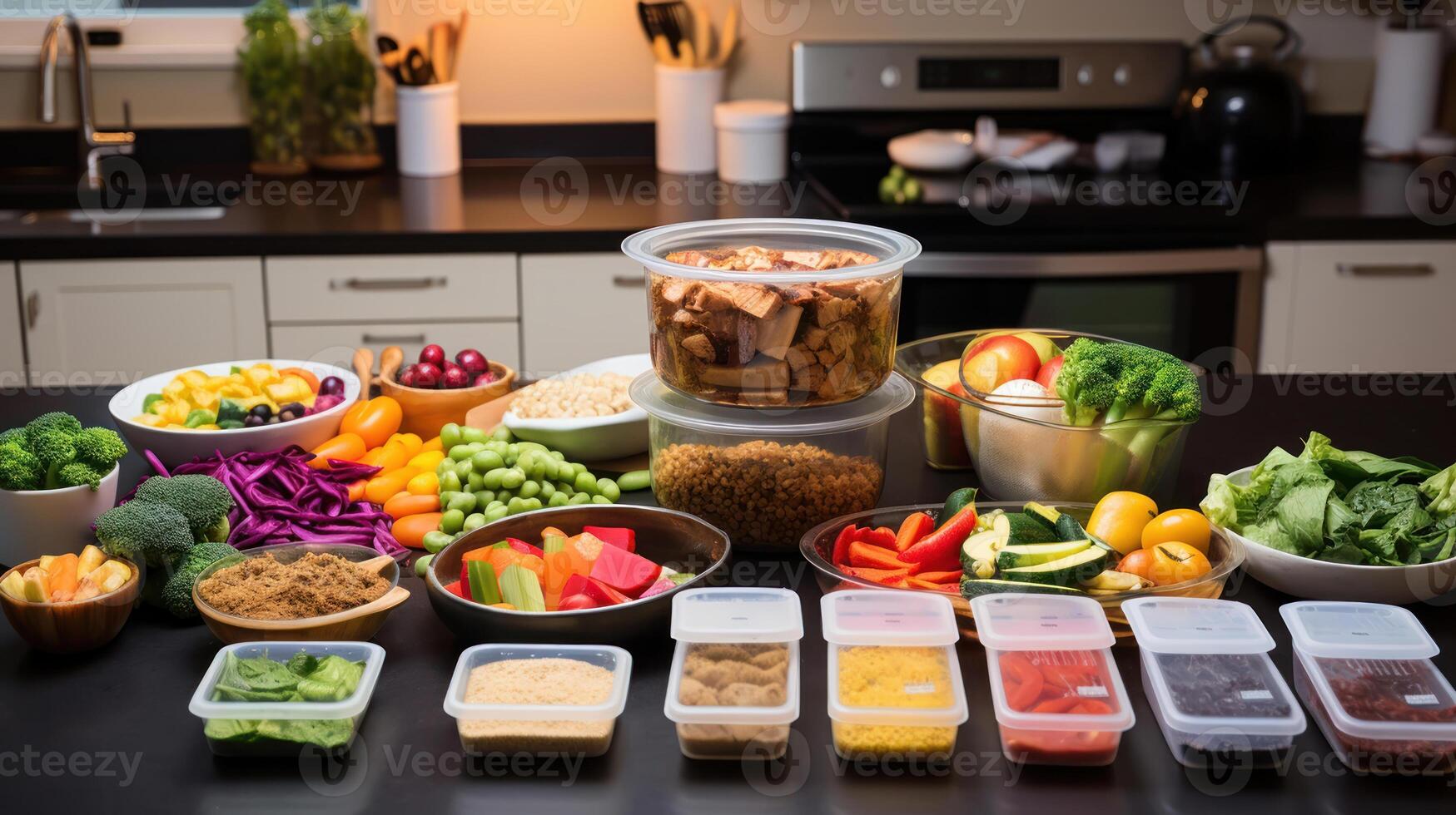 AI generated Colorful Meal Prep Containers on Kitchen Counter photo