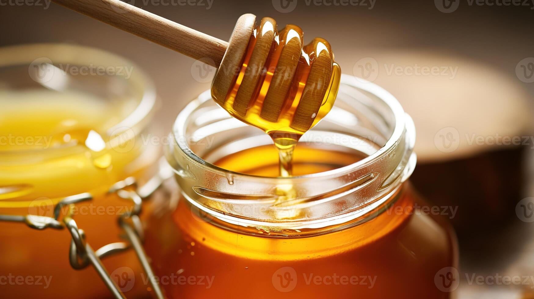 AI generated Honey dripping from a wooden honey dipper into a glass jar photo