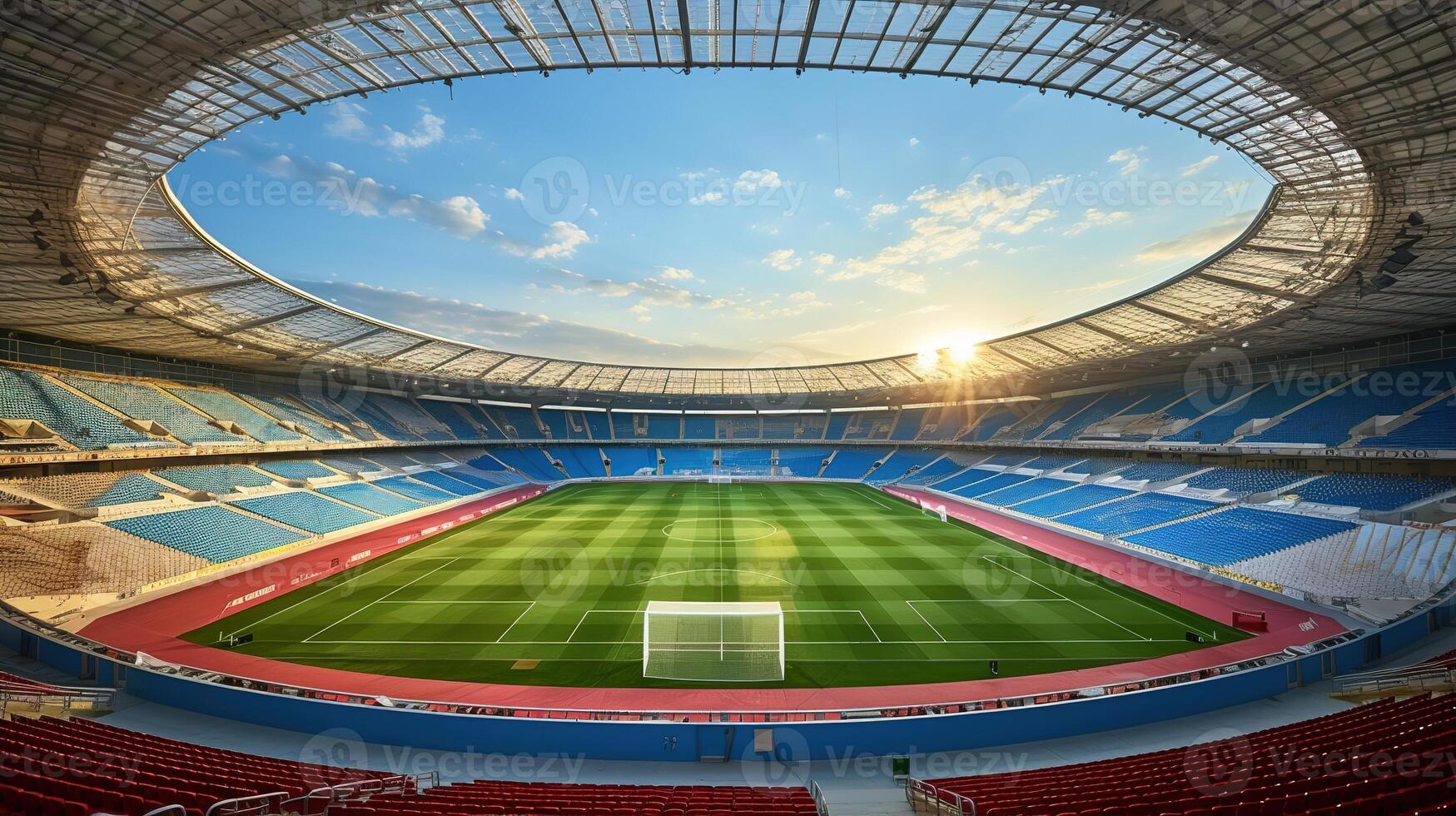 AI generated 3D render of a beautiful modern football stadium with red seats and VIP boxes for hundred thousand fans photo