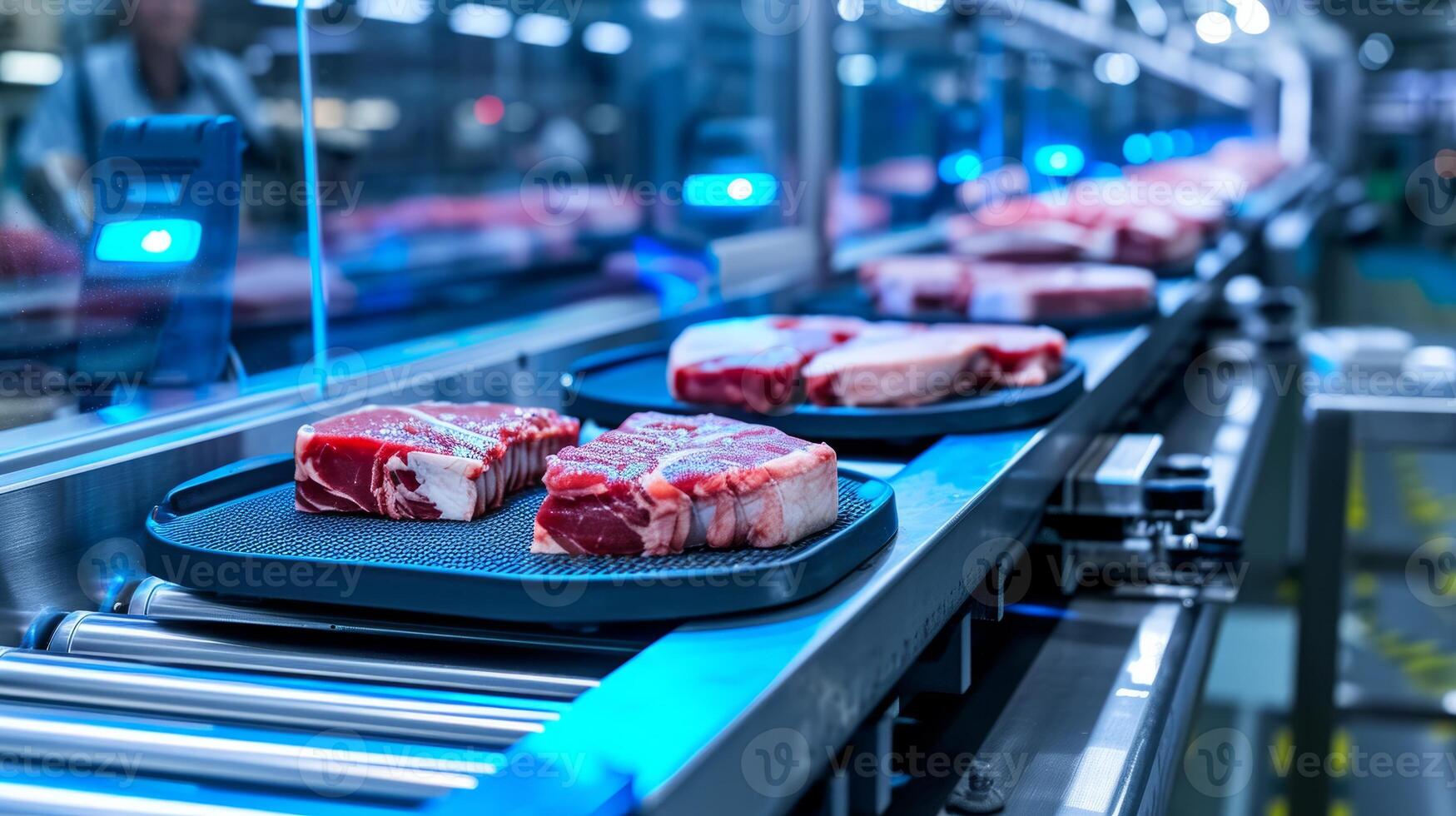 AI generated Automated Meat Processing on Conveyor Belt in Modern Factory photo