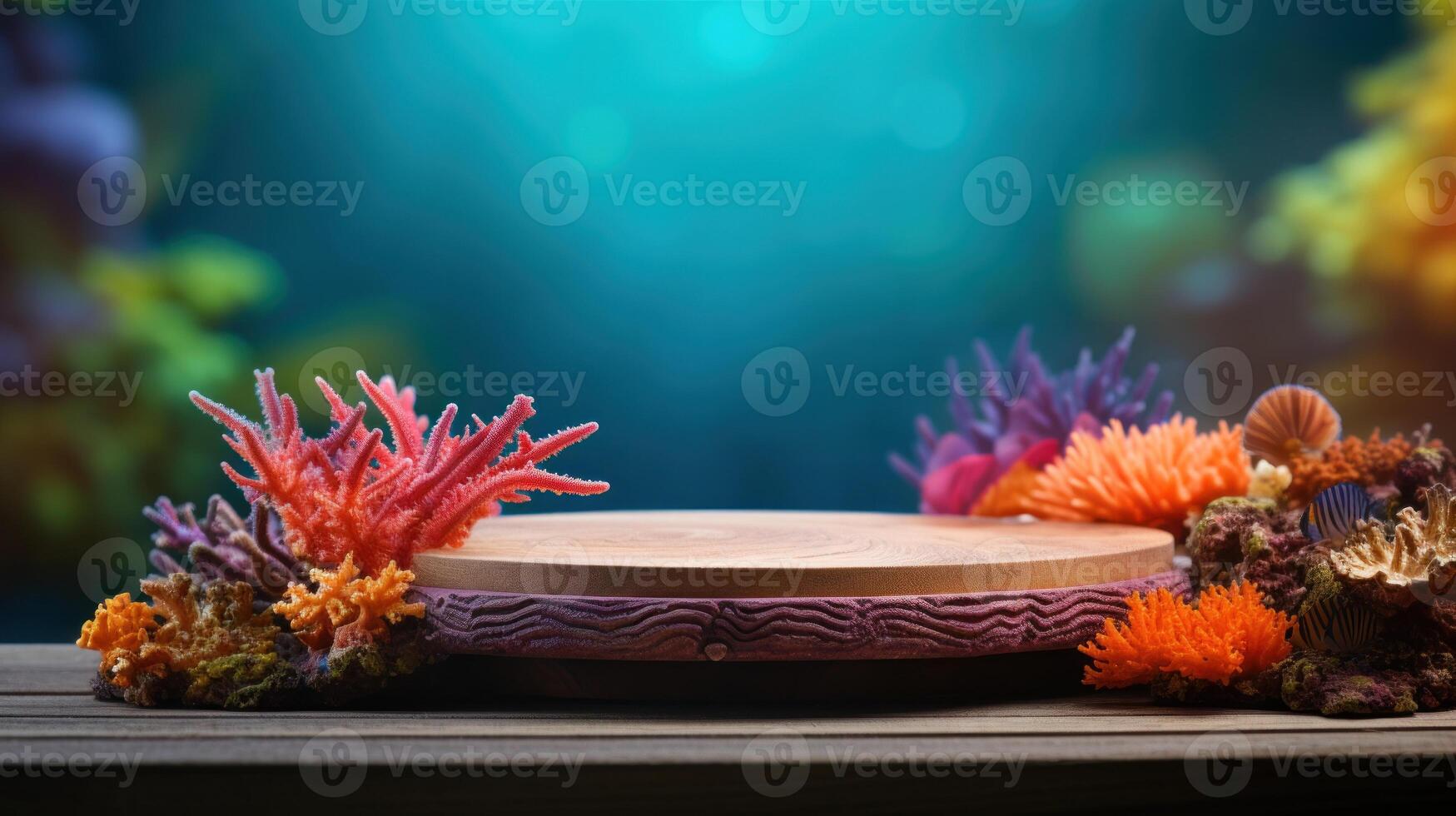 AI generated Marine Display on Wooden Round Platform with Coral and Shells photo