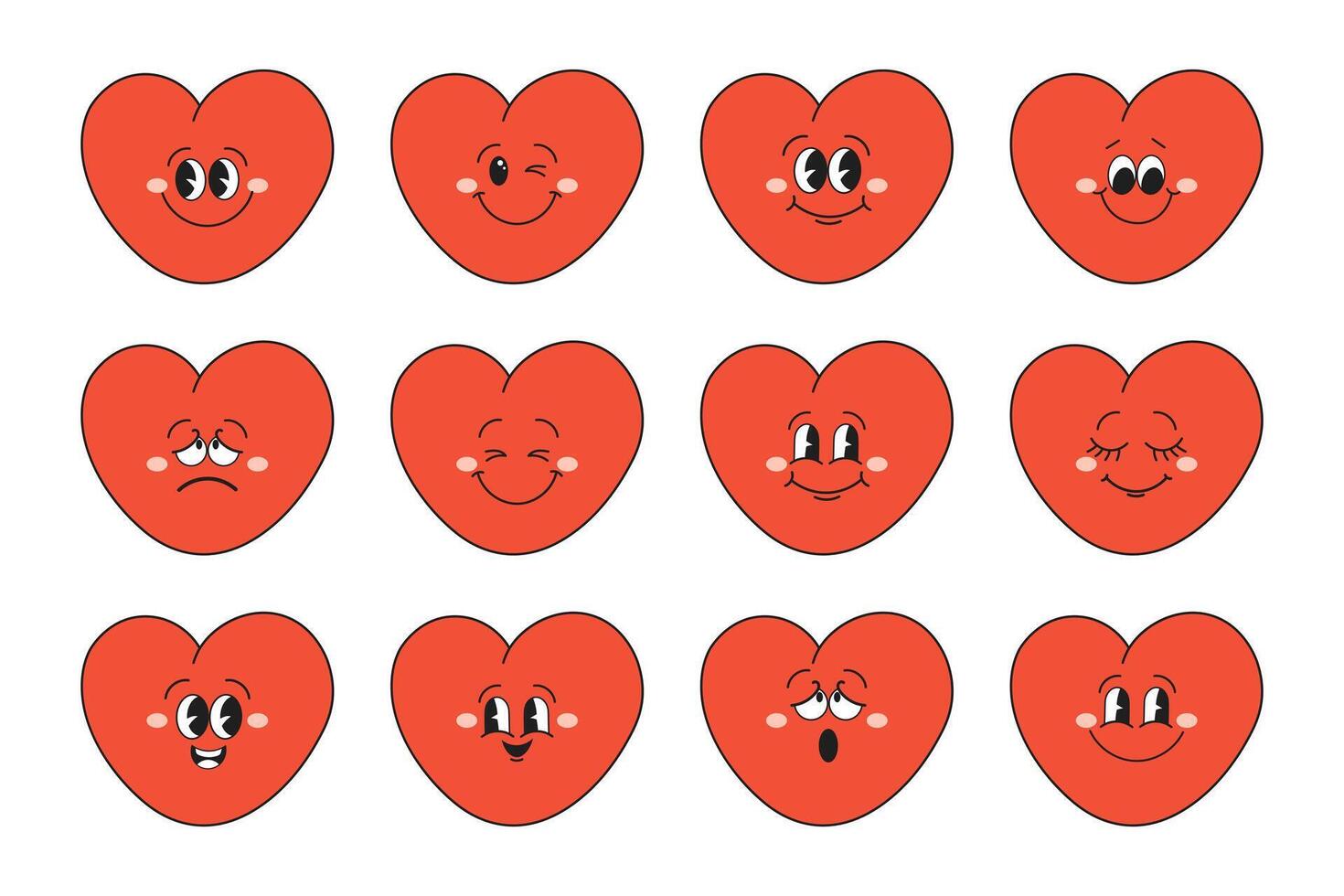 Set of hearts of funny cartoon characters with different emotions. Cartoon heart mascots. Fashionable emoticons in retro style. Vector