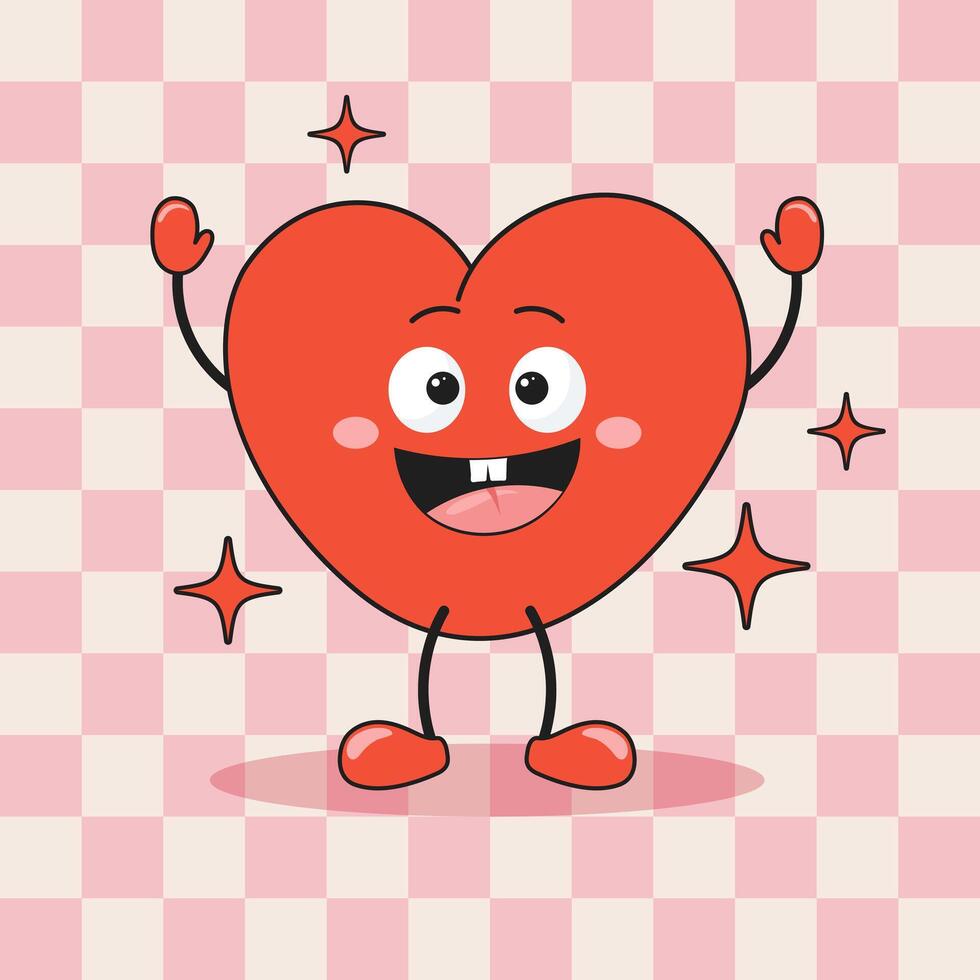 Heart funny cartoon character on retro background. Cartoon mascot heart. Fashionable smiley face in retro style. Vector