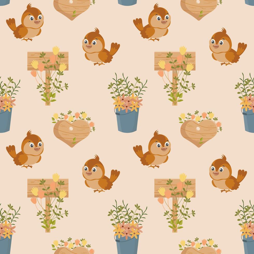 Seamless spring pattern, cute birds, birdhouses, buckets of flowers on a light background. Background, baby wallpaper, textile, vector