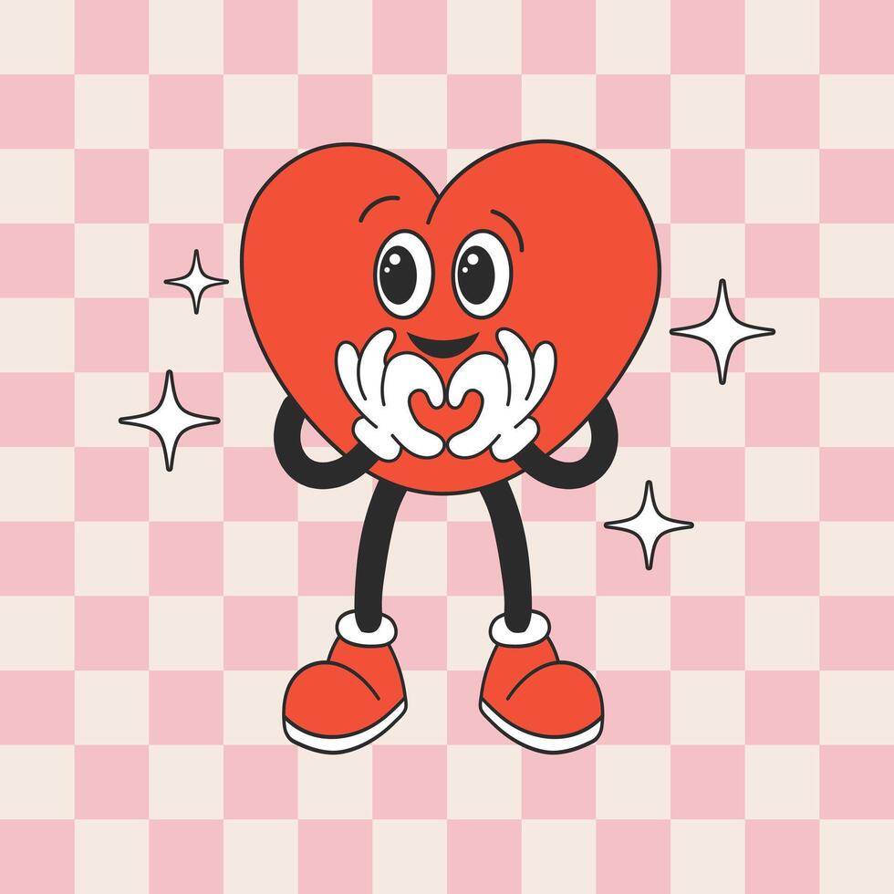 Heart funny cartoon character on retro background. Cartoon mascot heart. Fashionable smiley face in retro style. Vector