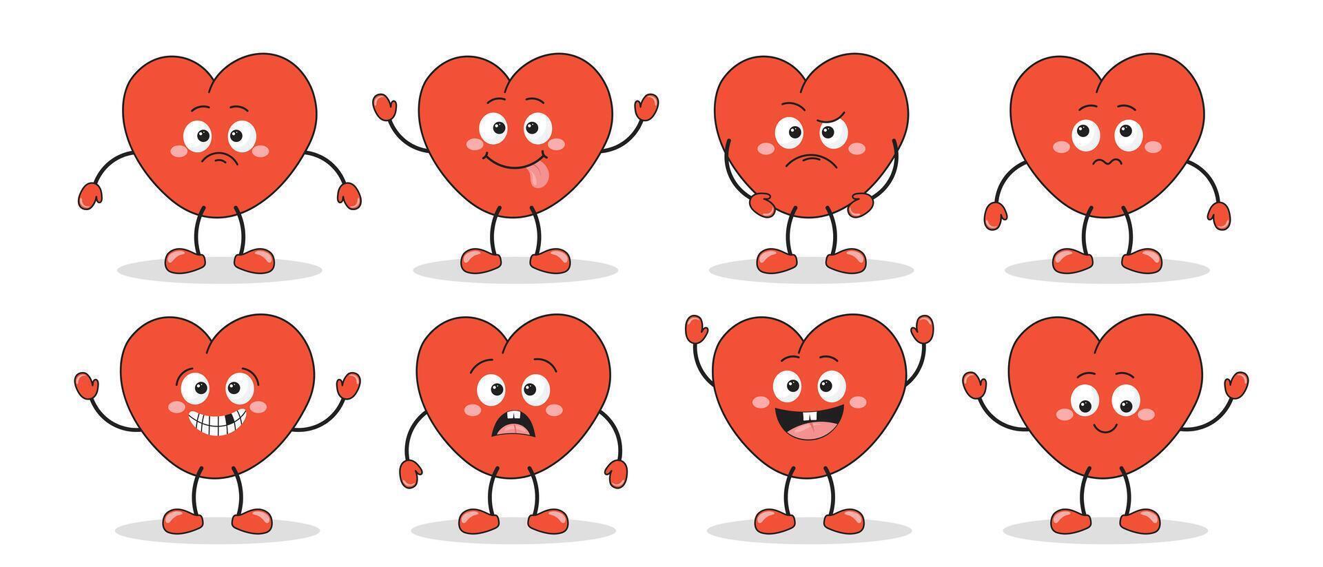 Set of hearts of funny cartoon characters with different emotions. Cartoon heart mascots. Fashionable emoticons in retro style. Vector